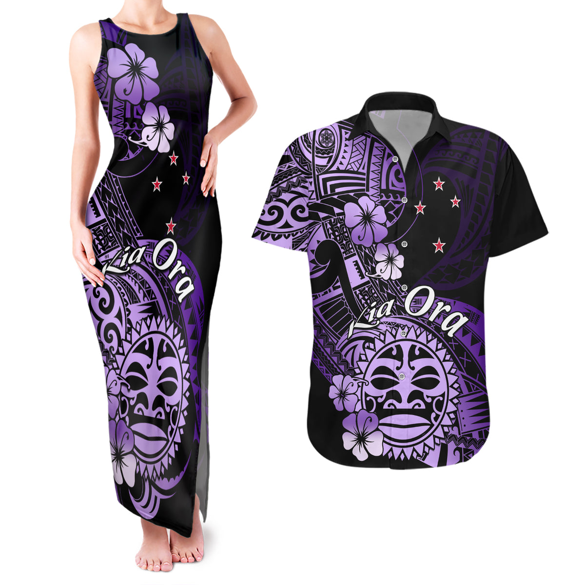 Aotearoa Kia Ora New Zealand Ta Moko Purple Version Couples Matching Tank Maxi Dress and Hawaiian Shirt LT01 Purple - Polynesian Pride