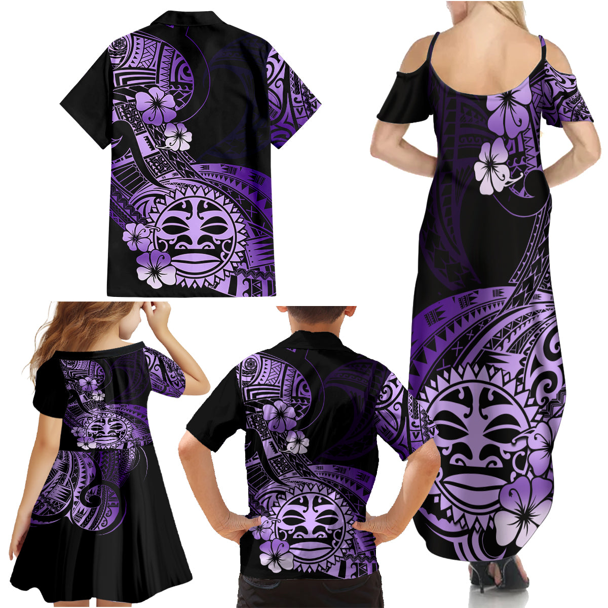 Aotearoa Kia Ora New Zealand Ta Moko Purple Version Family Matching Summer Maxi Dress and Hawaiian Shirt LT01 - Polynesian Pride