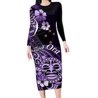 Aotearoa Kia Ora New Zealand Ta Moko Purple Version Long Sleeve Bodycon Dress LT01 Long Dress Purple - Polynesian Pride
