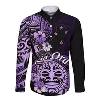 Aotearoa Kia Ora New Zealand Ta Moko Purple Version Long Sleeve Button Shirt LT01 Unisex Purple - Polynesian Pride