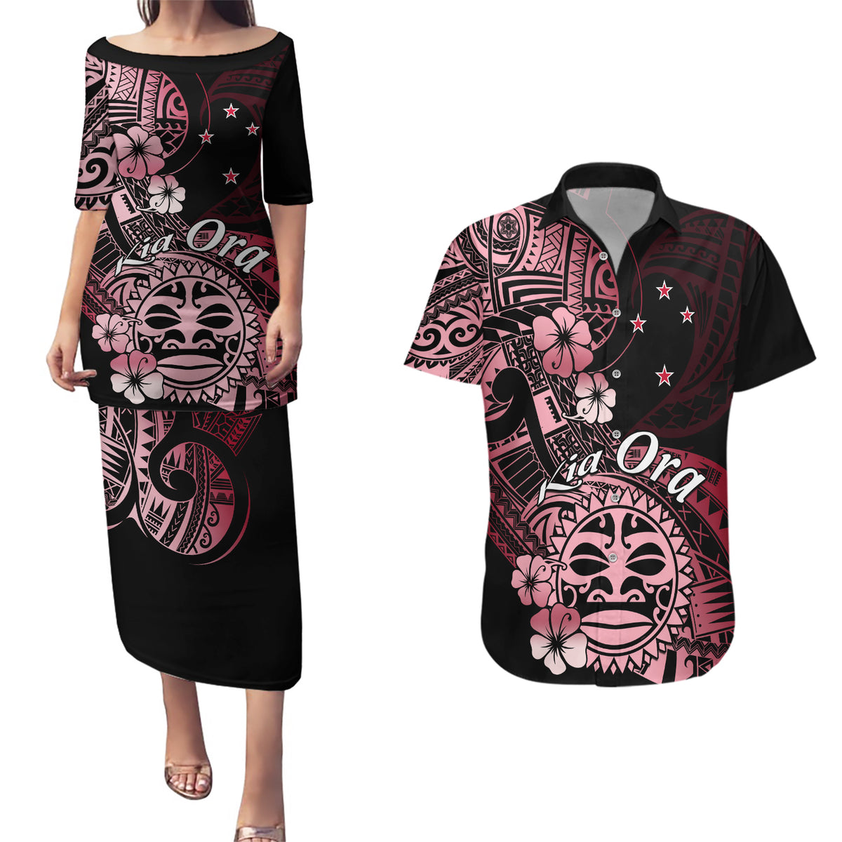 Aotearoa Kia Ora New Zealand Ta Moko Red Version Couples Matching Puletasi Dress and Hawaiian Shirt LT01 Red - Polynesian Pride