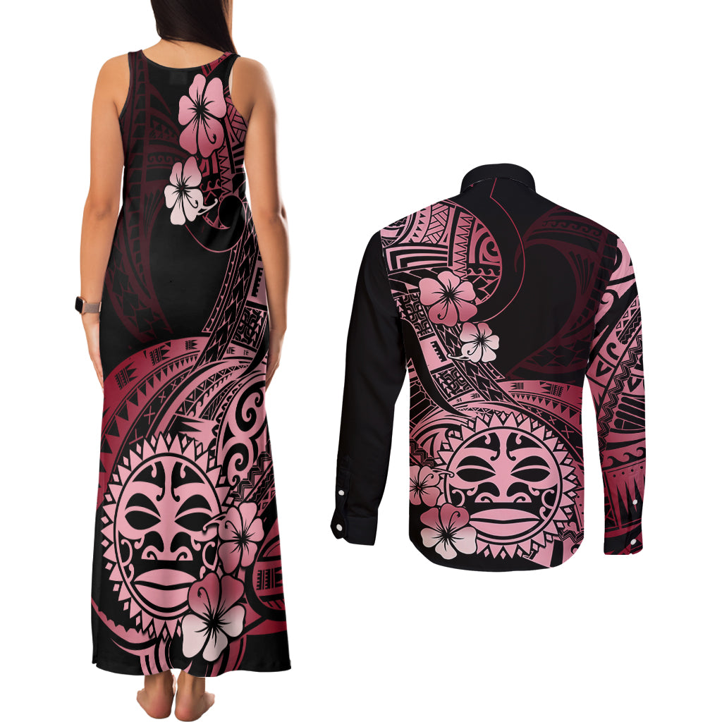 Aotearoa Kia Ora New Zealand Ta Moko Red Version Couples Matching Tank Maxi Dress and Long Sleeve Button Shirt LT01 - Polynesian Pride