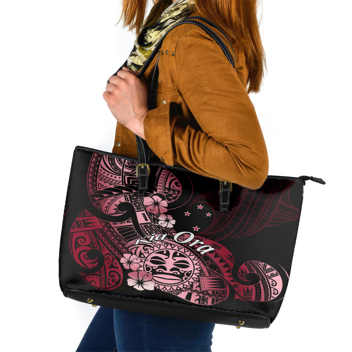 Aotearoa Kia Ora New Zealand Ta Moko Red Version Leather Tote Bag LT01 Red - Polynesian Pride