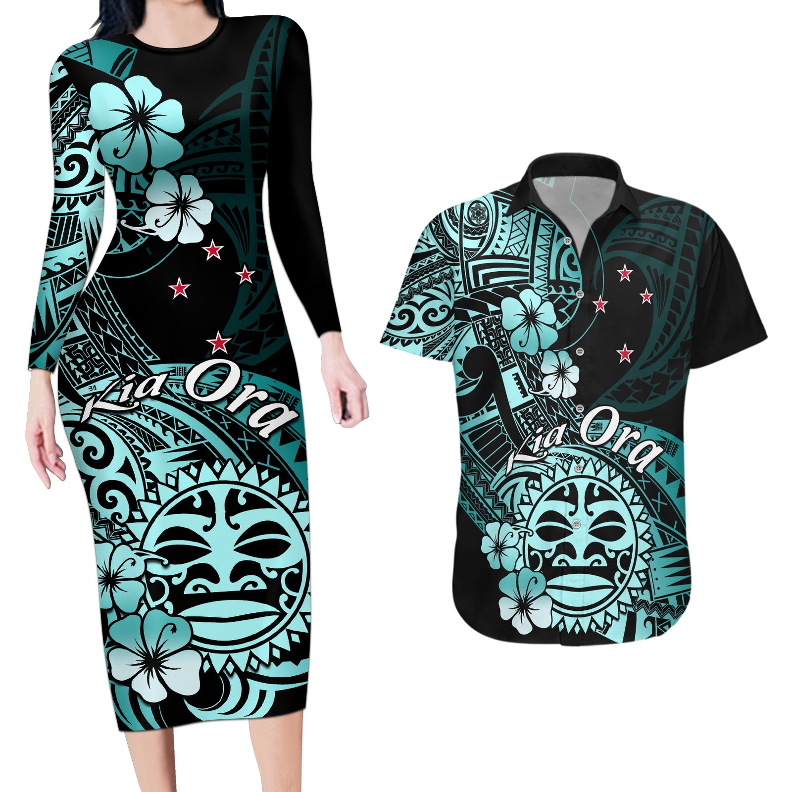 Aotearoa Kia Ora New Zealand Ta Moko Turquoise Version Couples Matching Long Sleeve Bodycon Dress and Hawaiian Shirt LT01 Turquoise - Polynesian Pride