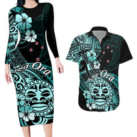 Aotearoa Kia Ora New Zealand Ta Moko Turquoise Version Couples Matching Long Sleeve Bodycon Dress and Hawaiian Shirt LT01 Turquoise - Polynesian Pride