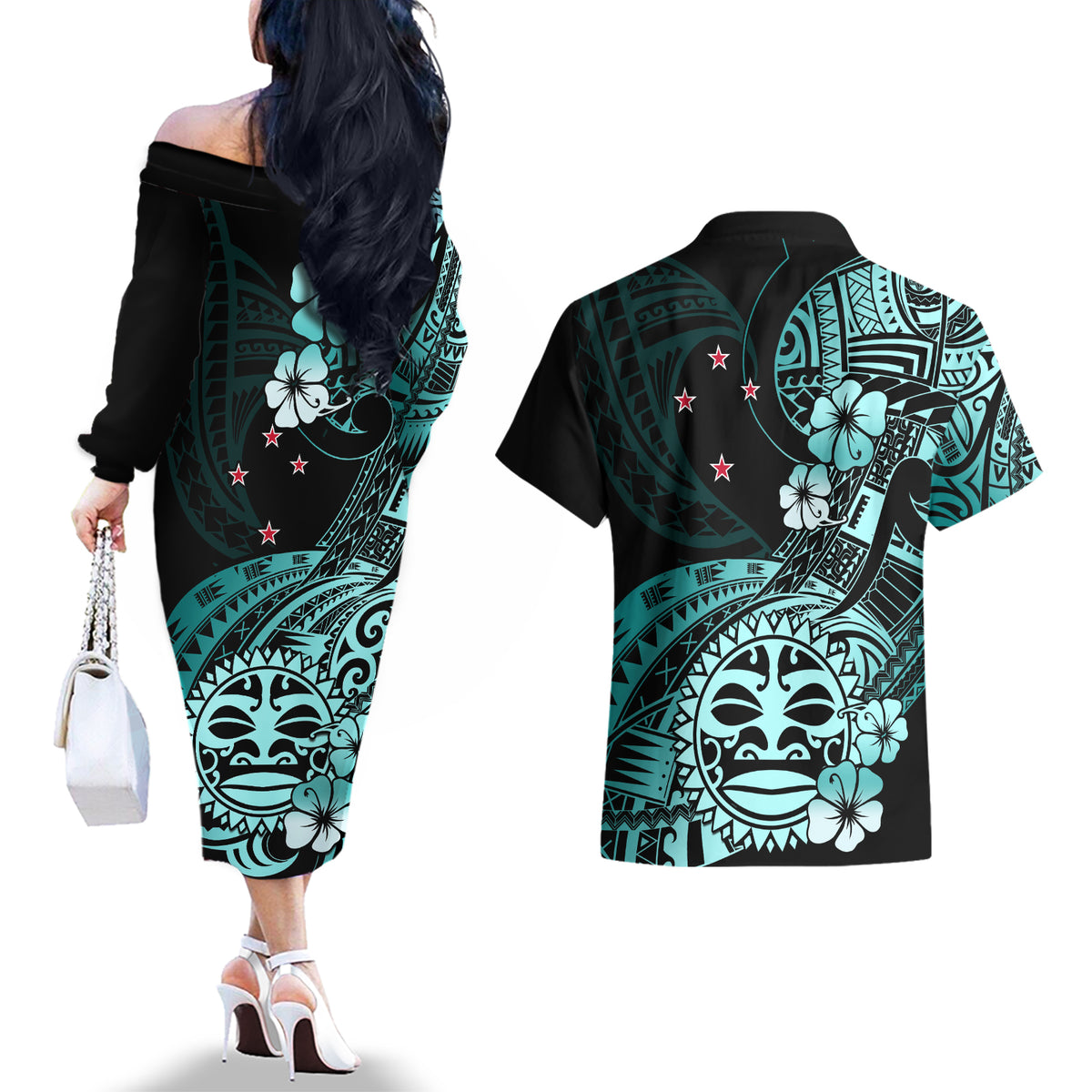Aotearoa Kia Ora New Zealand Ta Moko Turquoise Version Couples Matching Off The Shoulder Long Sleeve Dress and Hawaiian Shirt LT01 - Polynesian Pride
