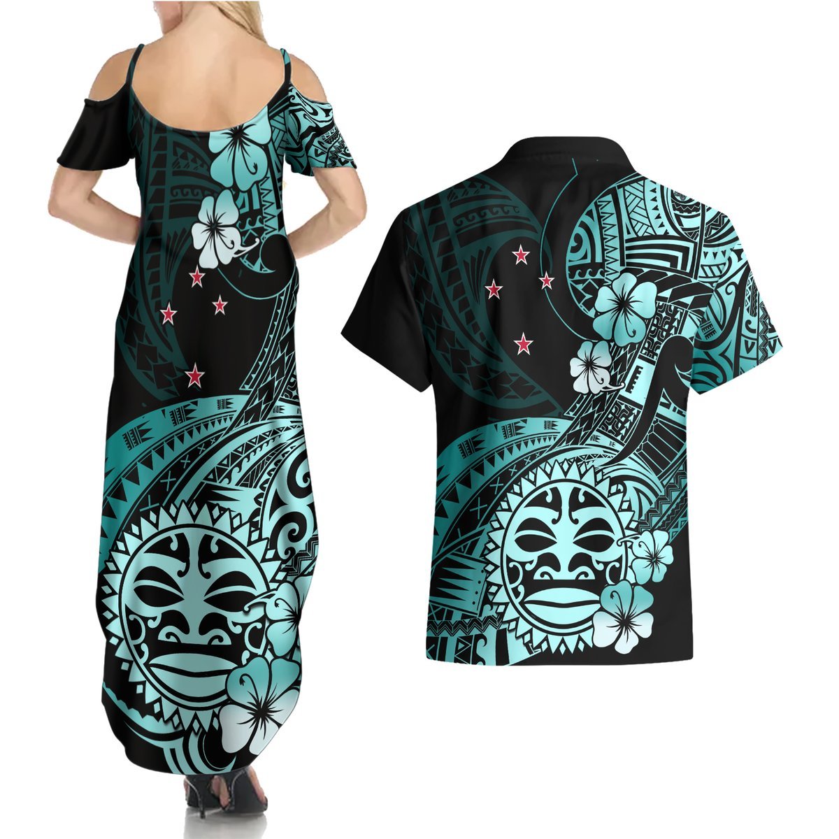 Aotearoa Kia Ora New Zealand Ta Moko Turquoise Version Couples Matching Summer Maxi Dress and Hawaiian Shirt LT01 - Polynesian Pride