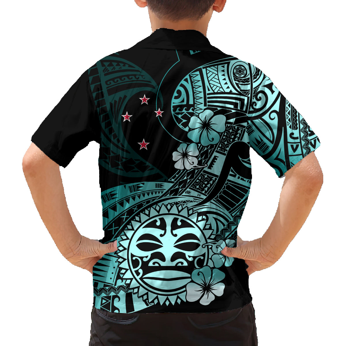Aotearoa Kia Ora New Zealand Ta Moko Turquoise Version Family Matching Off Shoulder Long Sleeve Dress and Hawaiian Shirt LT01 - Polynesian Pride