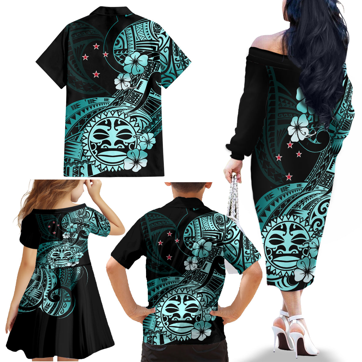 Aotearoa Kia Ora New Zealand Ta Moko Turquoise Version Family Matching Off Shoulder Long Sleeve Dress and Hawaiian Shirt LT01 - Polynesian Pride