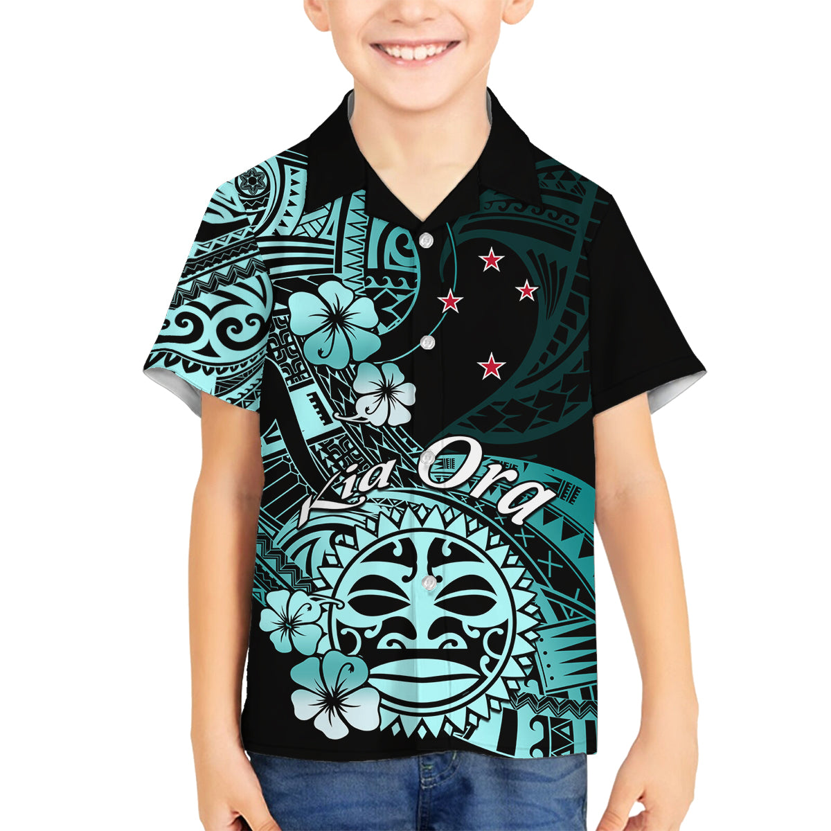 Aotearoa Kia Ora New Zealand Ta Moko Turquoise Version Family Matching Off Shoulder Maxi Dress and Hawaiian Shirt LT01 Son's Shirt Turquoise - Polynesian Pride
