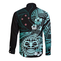 Aotearoa Kia Ora New Zealand Ta Moko Turquoise Version Long Sleeve Button Shirt LT01 - Polynesian Pride