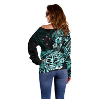Aotearoa Kia Ora New Zealand Ta Moko Turquoise Version Off Shoulder Sweater LT01 - Polynesian Pride