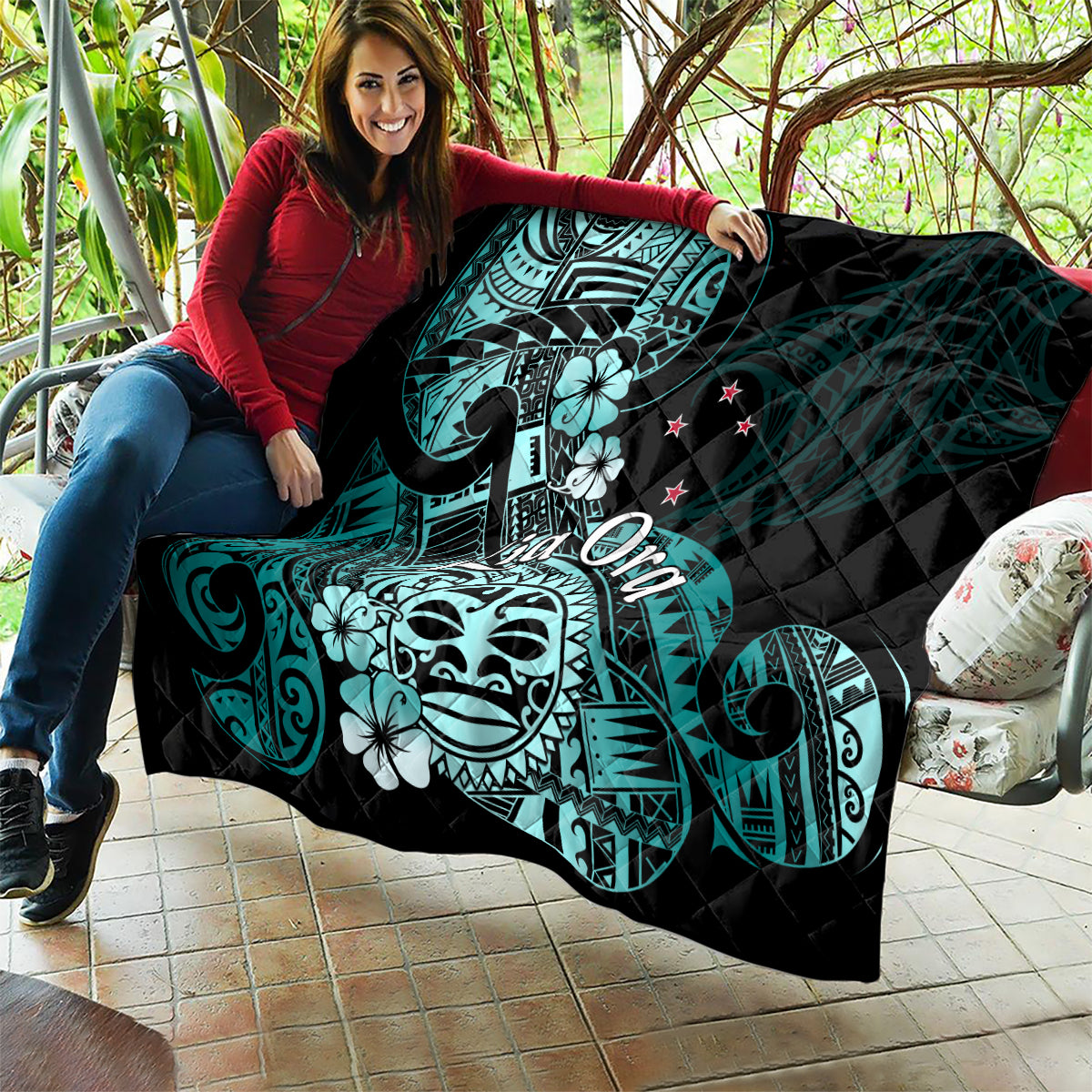Aotearoa Kia Ora New Zealand Ta Moko Turquoise Version Quilt LT01 - Polynesian Pride