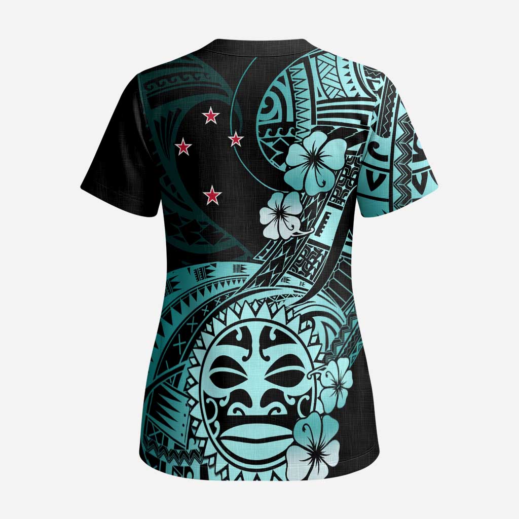 Aotearoa Kia Ora New Zealand Ta Moko Turquoise Version Scrub Top - Polynesian Pride