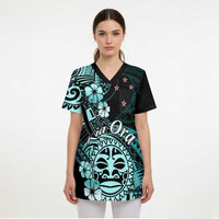 Aotearoa Kia Ora New Zealand Ta Moko Turquoise Version Scrub Top - Polynesian Pride