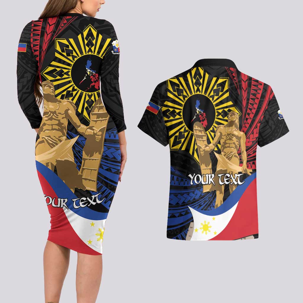 Personalized Lapulapu The First Filipino Hero Couples Matching Long Sleeve Bodycon Dress and Hawaiian Shirt Polynesian Pattern