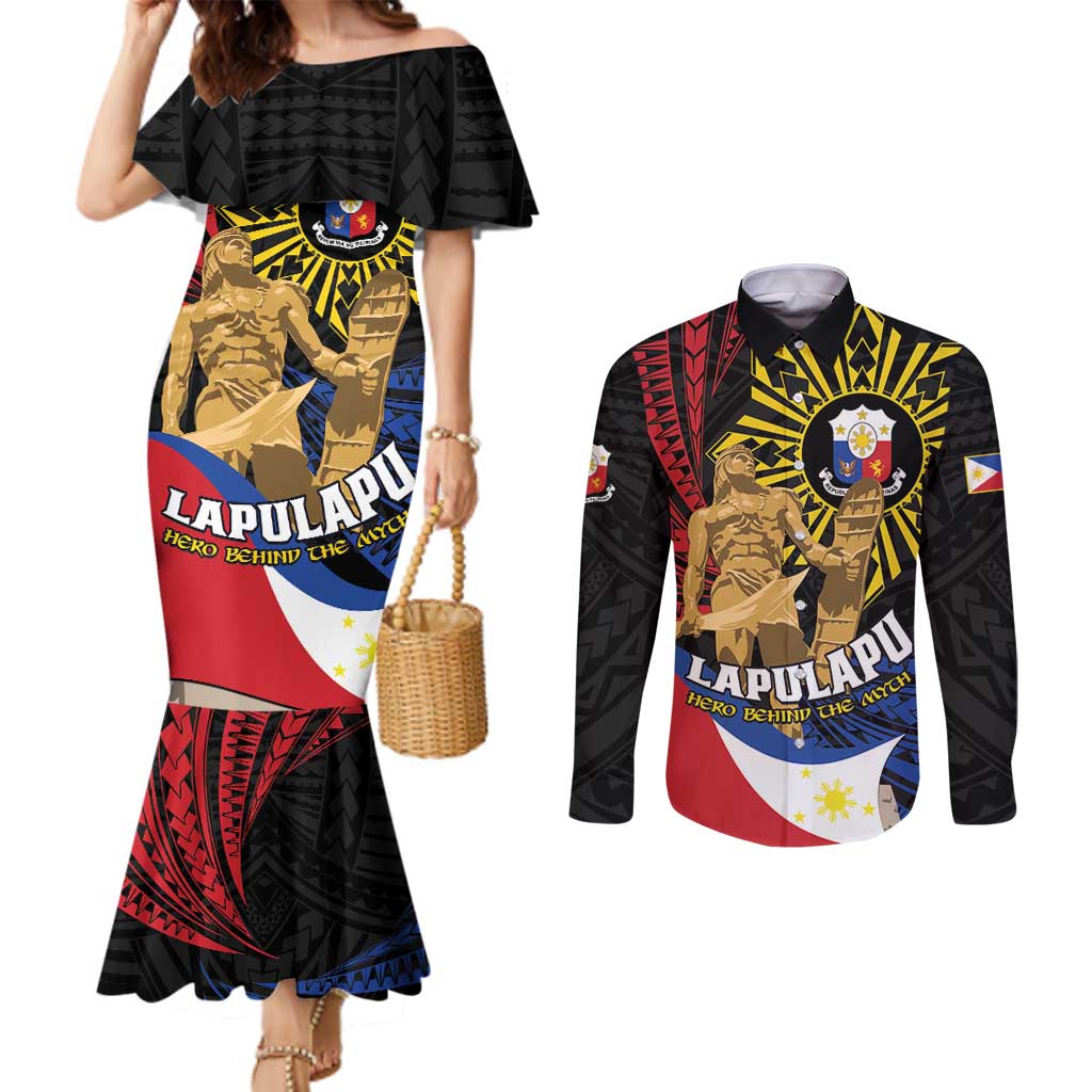 Personalized Lapulapu The First Filipino Hero Couples Matching Mermaid Dress and Long Sleeve Button Shirt Polynesian Pattern
