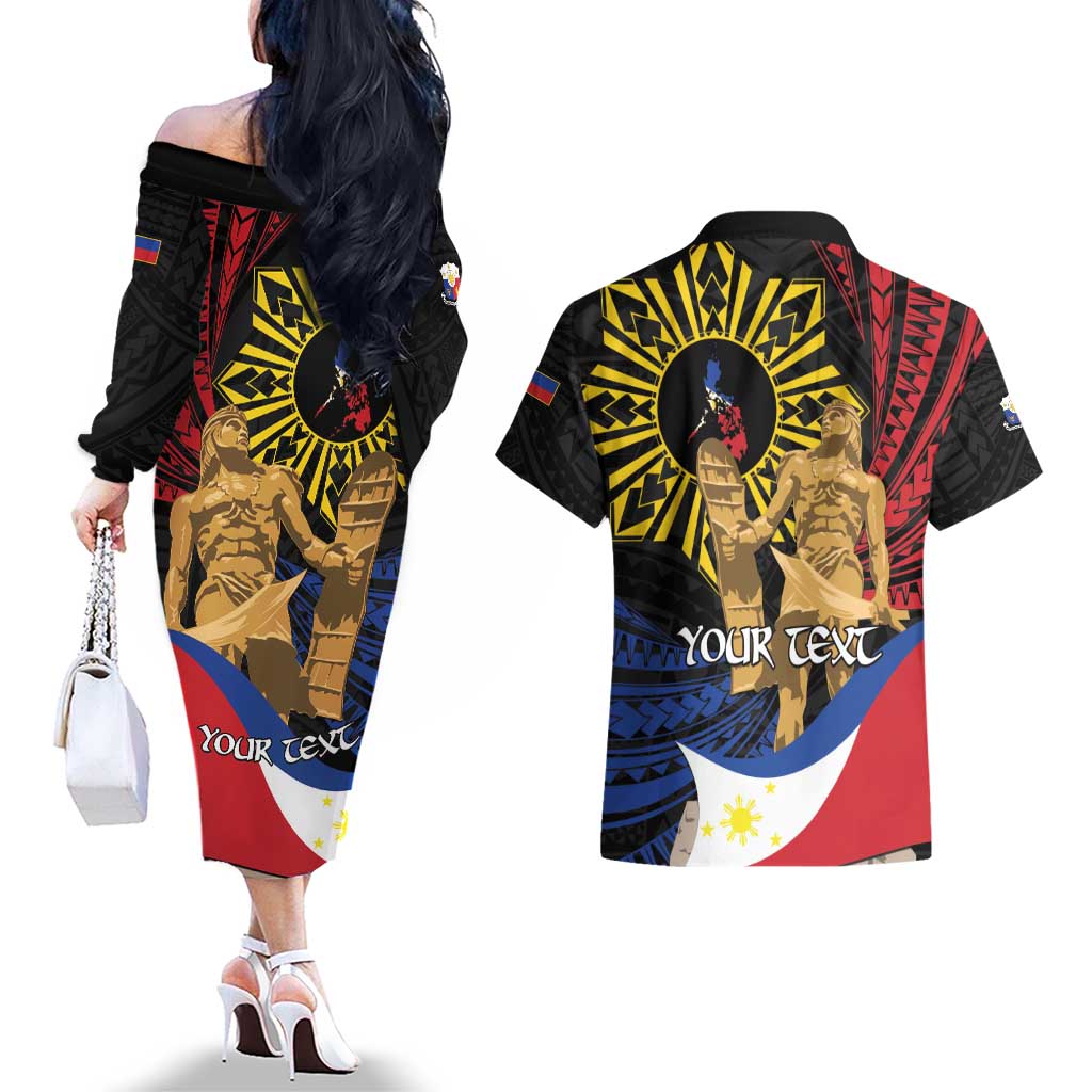 Personalized Lapulapu The First Filipino Hero Couples Matching Off The Shoulder Long Sleeve Dress and Hawaiian Shirt Polynesian Pattern