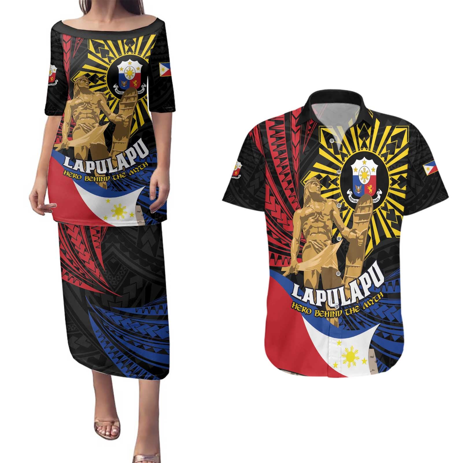 Personalized Lapulapu The First Filipino Hero Couples Matching Puletasi and Hawaiian Shirt Polynesian Pattern