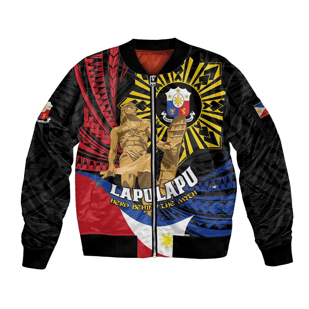 Personalized Lapulapu The First Filipino Hero Sleeve Zip Bomber Jacket Polynesian Pattern LT01 Unisex Black - Polynesian Pride