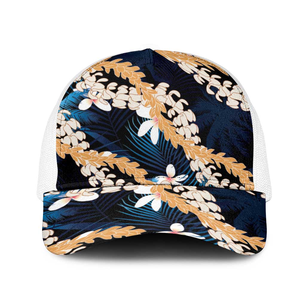 Puakenikeni Maile Lei Baseball Net Cap Frangipani Blue Tropical Leaves