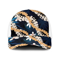 Puakenikeni Maile Lei Baseball Net Cap Frangipani Blue Tropical Leaves