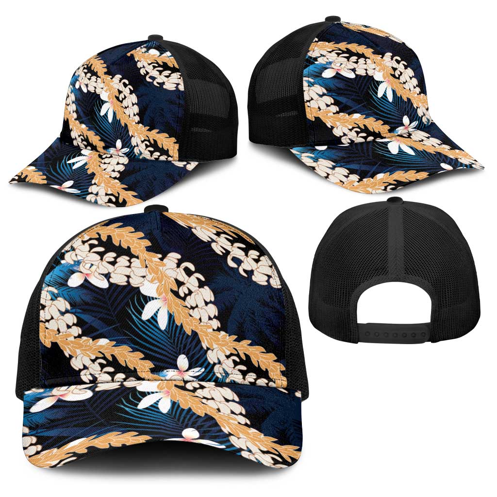 Puakenikeni Maile Lei Baseball Net Cap Frangipani Blue Tropical Leaves