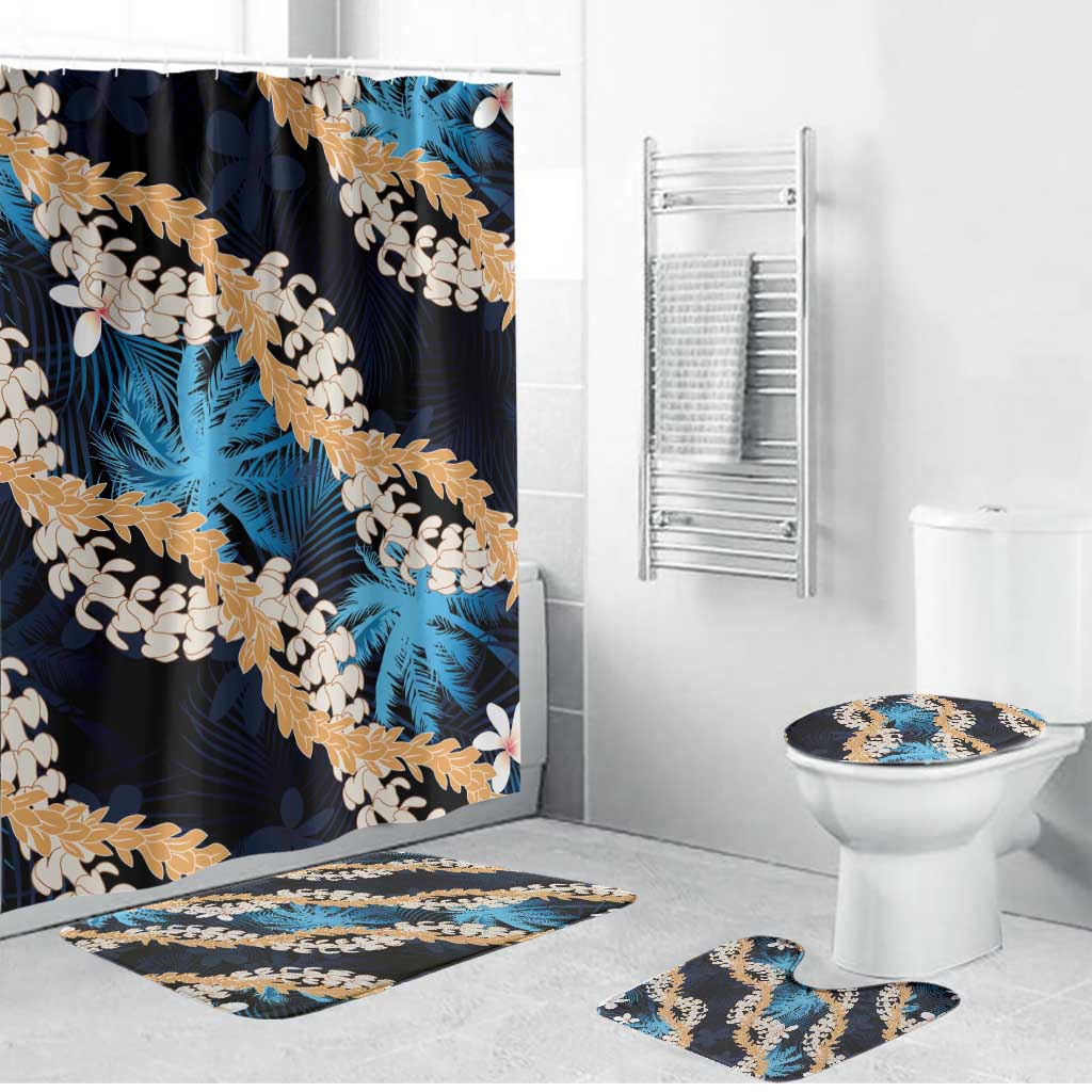 Puakenikeni Maile Lei Bathroom Set Frangipani Blue Tropical Leaves