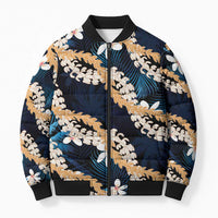 Puakenikeni Maile Lei Bomber Puffer Jacket Frangipani Blue Tropical Leaves