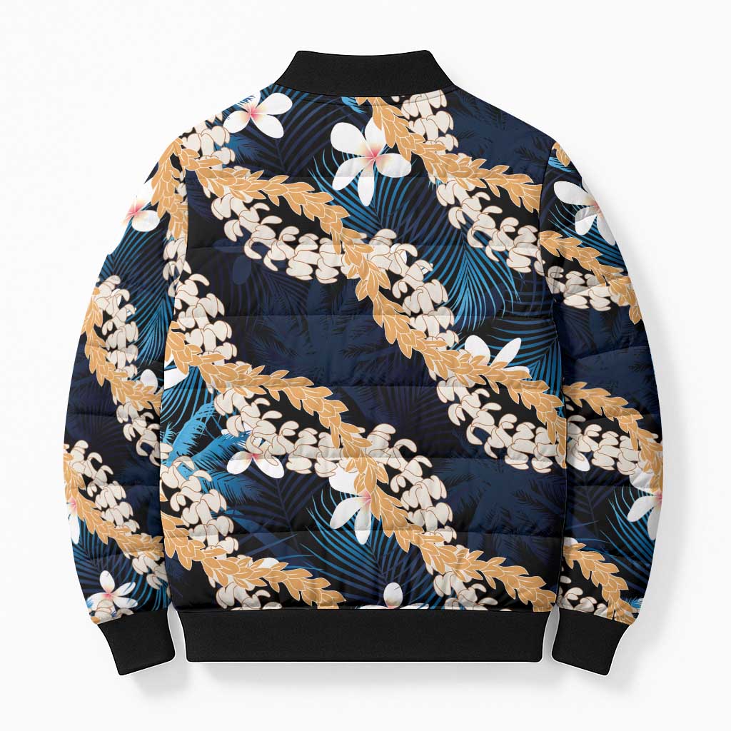 Puakenikeni Maile Lei Bomber Puffer Jacket Frangipani Blue Tropical Leaves