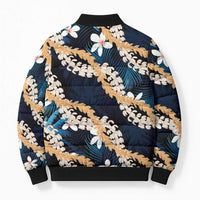 Puakenikeni Maile Lei Bomber Puffer Jacket Frangipani Blue Tropical Leaves