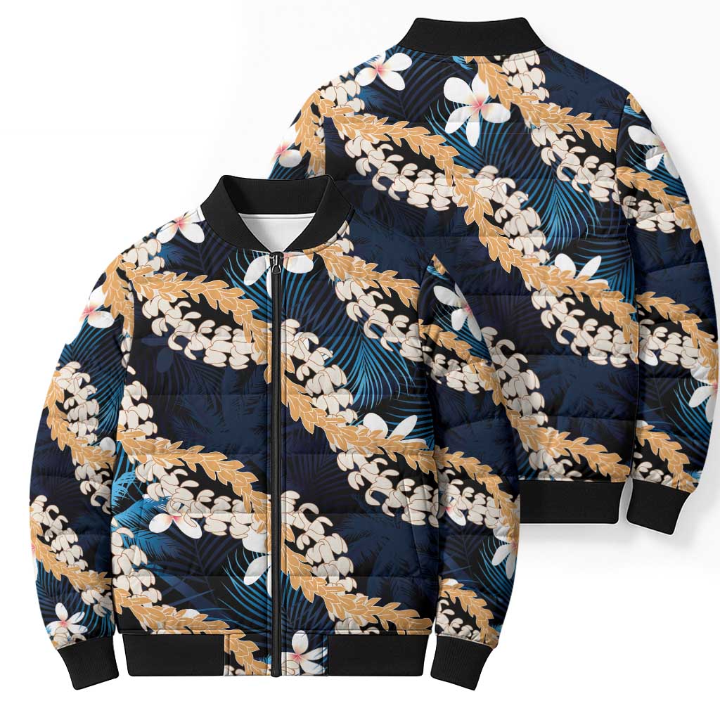 Puakenikeni Maile Lei Bomber Puffer Jacket Frangipani Blue Tropical Leaves