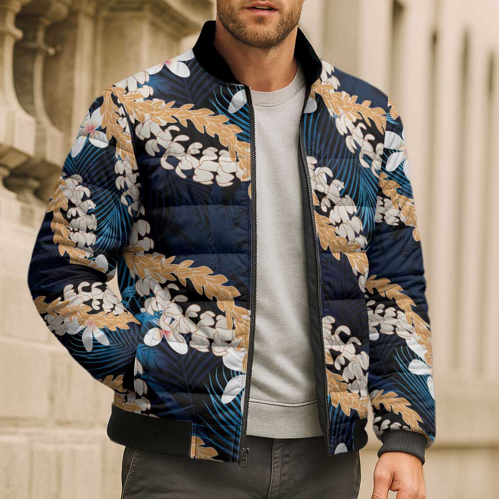Puakenikeni Maile Lei Bomber Puffer Jacket Frangipani Blue Tropical Leaves