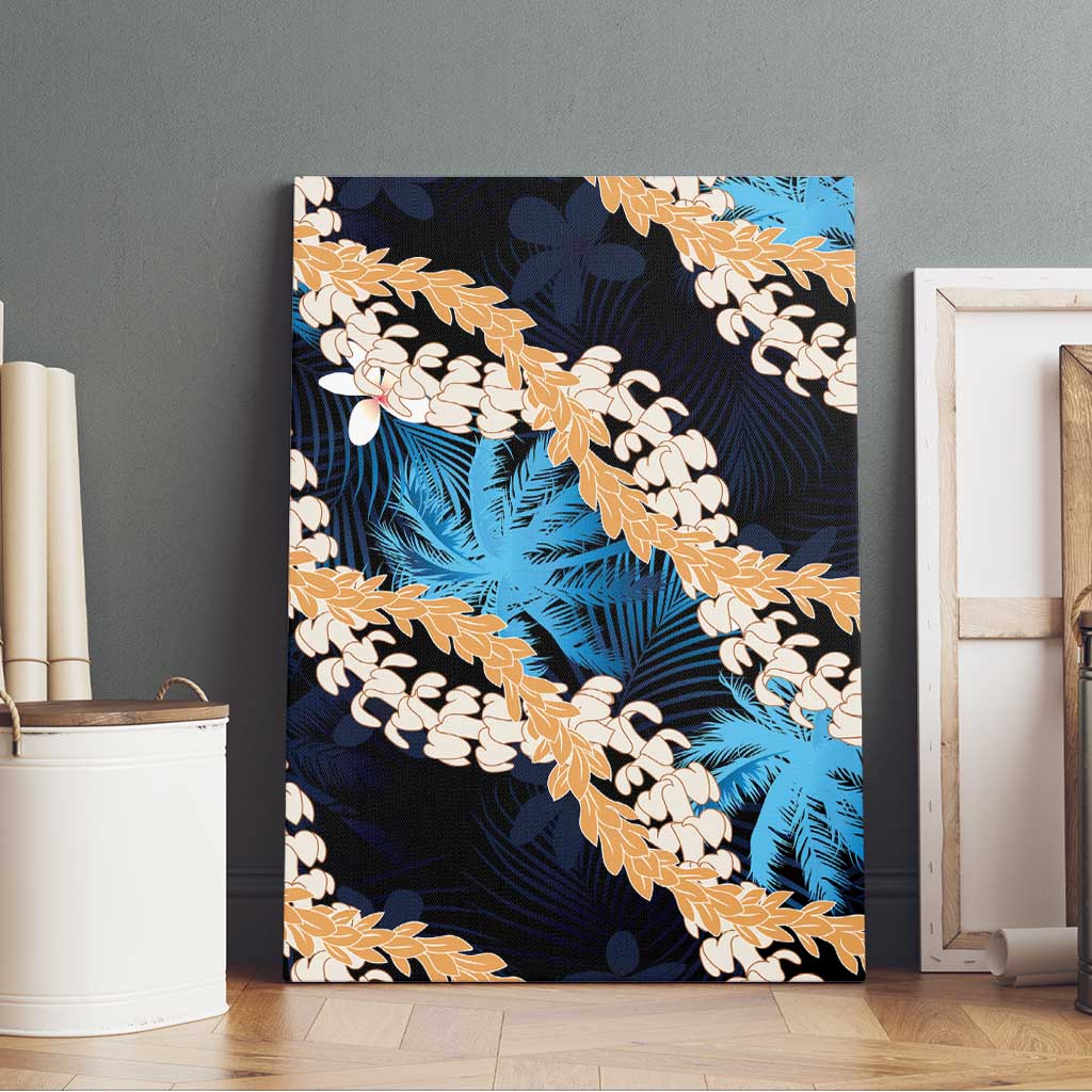 Puakenikeni Maile Lei Canvas Wall Art Frangipani Blue Tropical Leaves