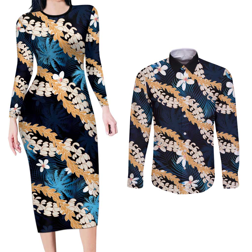 Puakenikeni Maile Lei Couples Matching Long Sleeve Bodycon Dress and Long Sleeve Button Shirt Frangipani Blue Tropical Leaves LT01 Blue - Polynesian Pride