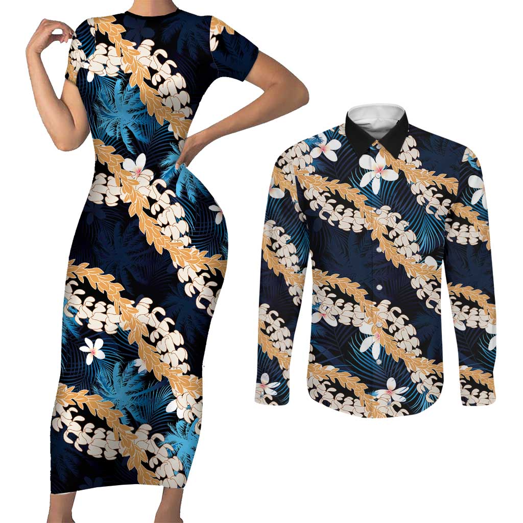 Puakenikeni Maile Lei Couples Matching Short Sleeve Bodycon Dress and Long Sleeve Button Shirt Frangipani Blue Tropical Leaves LT01 Blue - Polynesian Pride