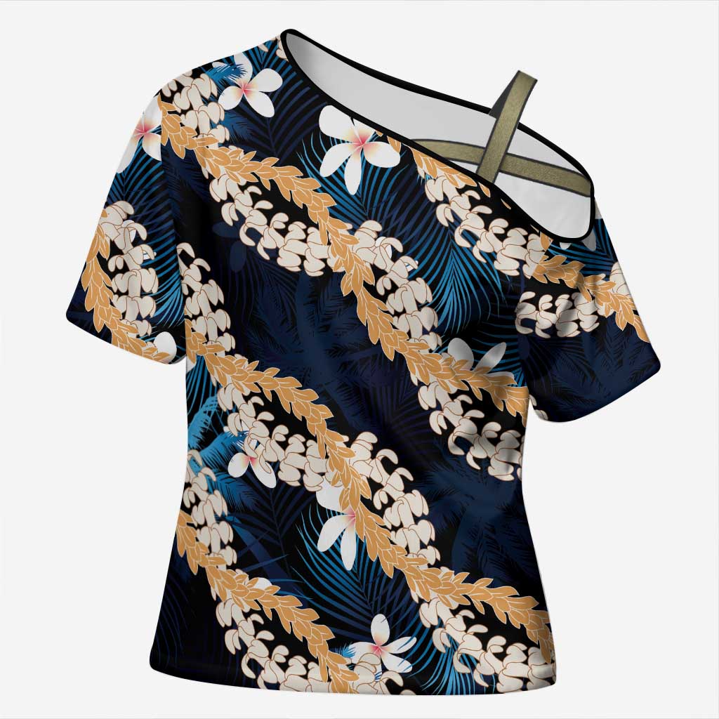 Puakenikeni Maile Lei Cross Shoulder Shirt Frangipani Blue Tropical Leaves LT01 Female Blue - Polynesian Pride
