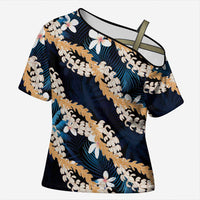 Puakenikeni Maile Lei Cross Shoulder Shirt Frangipani Blue Tropical Leaves LT01 Female Blue - Polynesian Pride