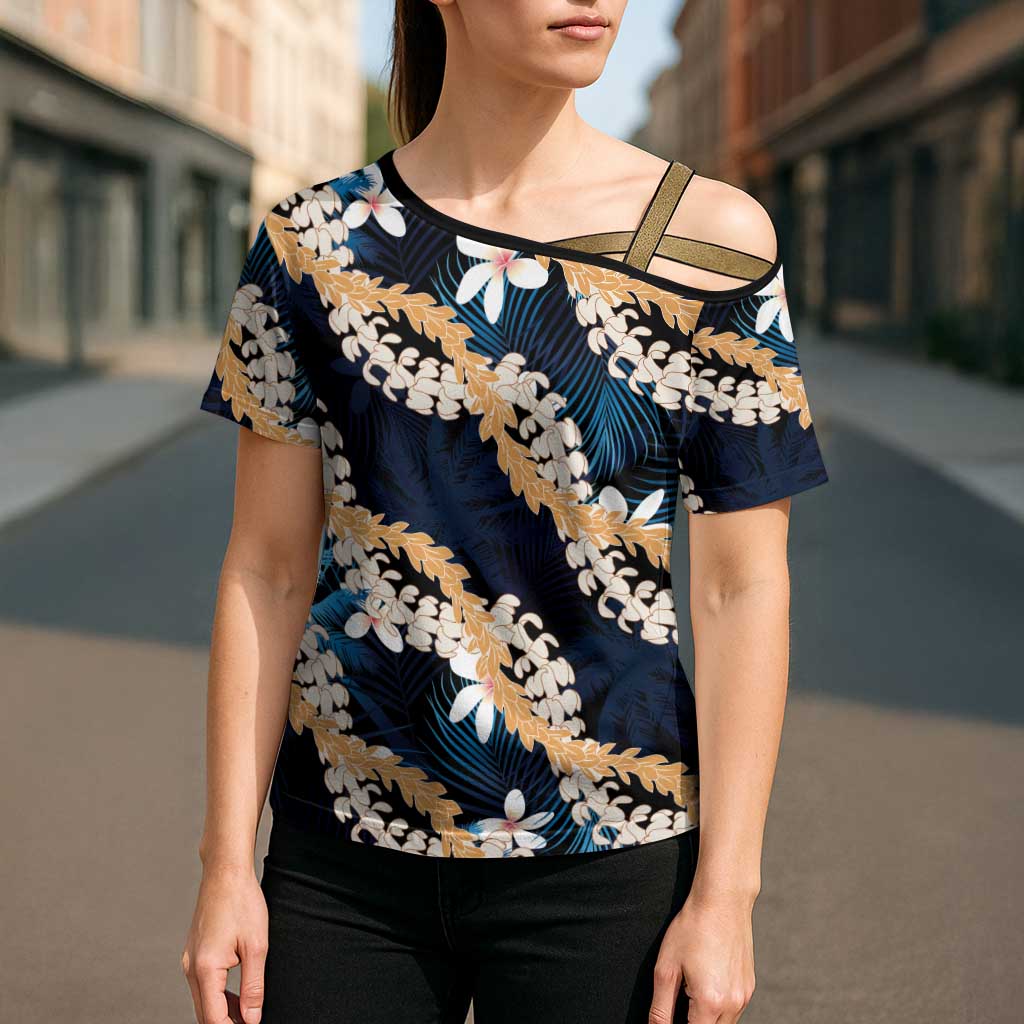Puakenikeni Maile Lei Cross Shoulder Shirt Frangipani Blue Tropical Leaves LT01 - Polynesian Pride