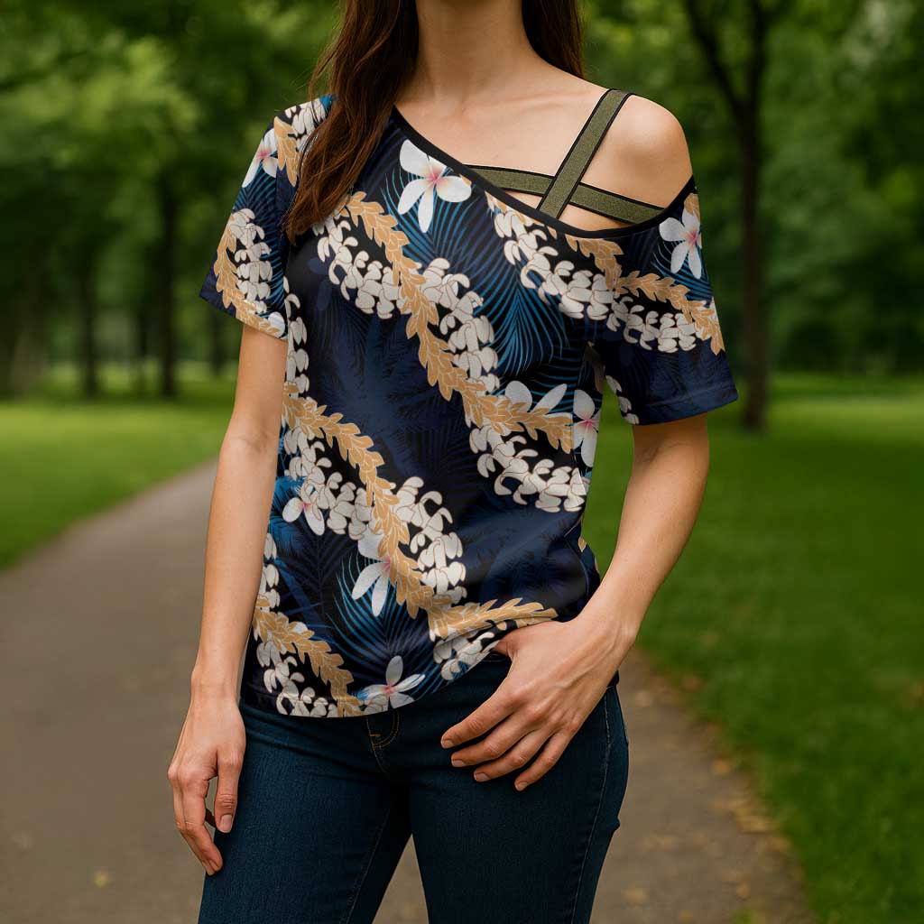 Puakenikeni Maile Lei Cross Shoulder Shirt Frangipani Blue Tropical Leaves LT01 - Polynesian Pride