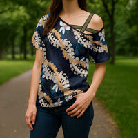Puakenikeni Maile Lei Cross Shoulder Shirt Frangipani Blue Tropical Leaves LT01 - Polynesian Pride