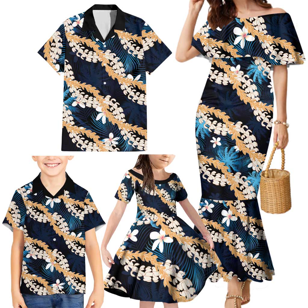 Puakenikeni Maile Lei Family Matching Mermaid Dress and Hawaiian Shirt Frangipani Blue Tropical Leaves