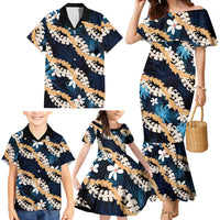 Puakenikeni Maile Lei Family Matching Mermaid Dress and Hawaiian Shirt Frangipani Blue Tropical Leaves