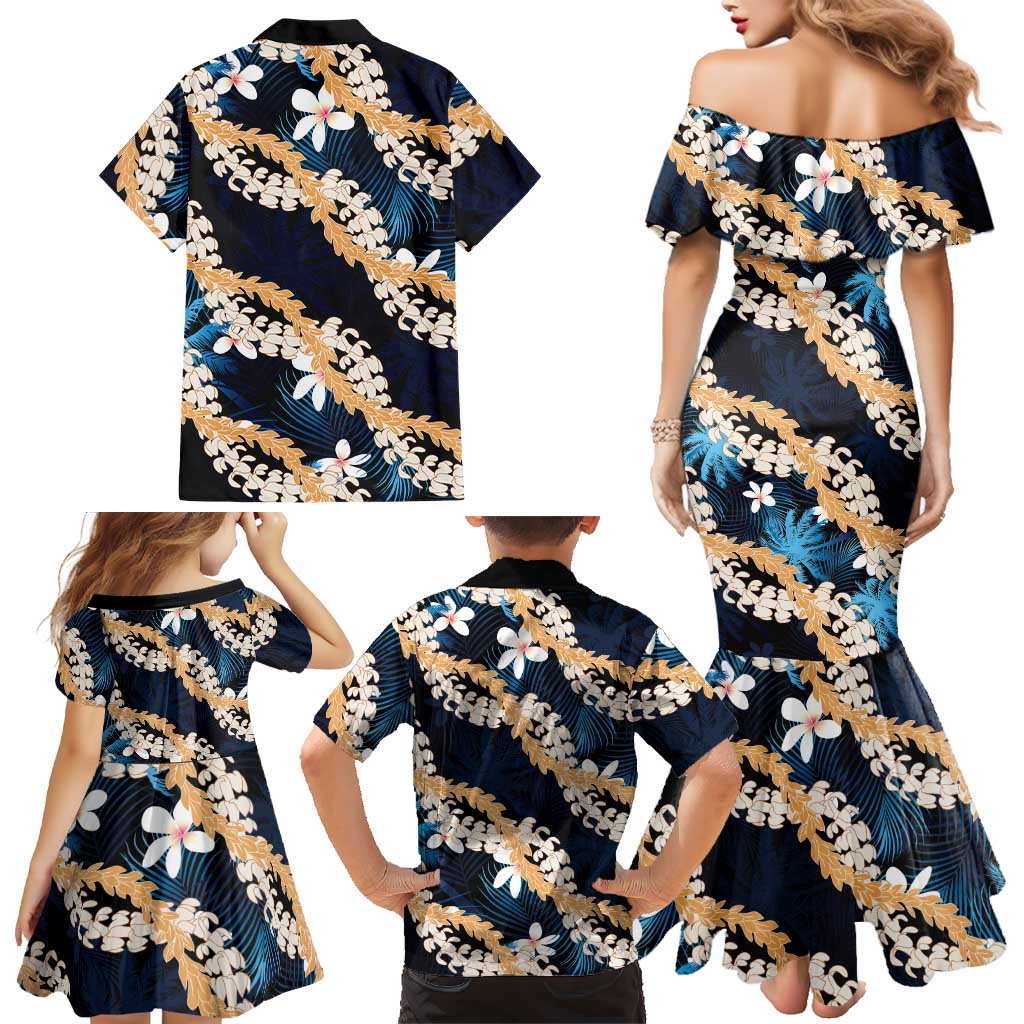 Puakenikeni Maile Lei Family Matching Mermaid Dress and Hawaiian Shirt Frangipani Blue Tropical Leaves