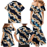 Puakenikeni Maile Lei Family Matching Mermaid Dress and Hawaiian Shirt Frangipani Blue Tropical Leaves