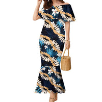 Puakenikeni Maile Lei Family Matching Mermaid Dress and Hawaiian Shirt Frangipani Blue Tropical Leaves