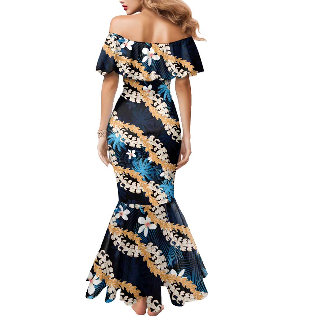 Puakenikeni Maile Lei Family Matching Mermaid Dress and Hawaiian Shirt Frangipani Blue Tropical Leaves
