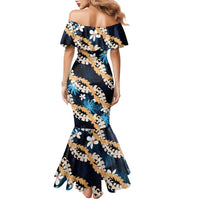 Puakenikeni Maile Lei Family Matching Mermaid Dress and Hawaiian Shirt Frangipani Blue Tropical Leaves