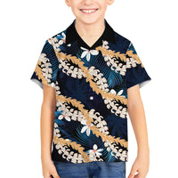 Puakenikeni Maile Lei Family Matching Mermaid Dress and Hawaiian Shirt Frangipani Blue Tropical Leaves