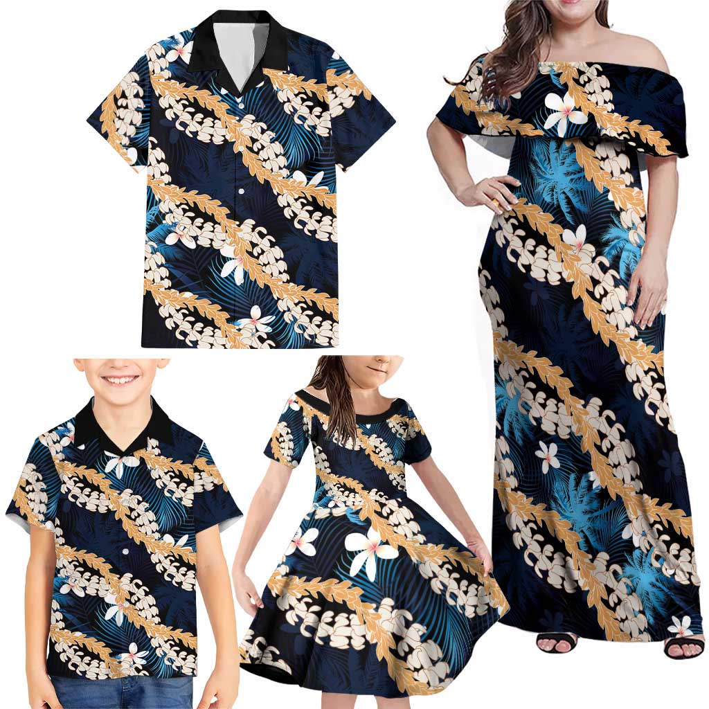 Puakenikeni Maile Lei Family Matching Off Shoulder Maxi Dress and Hawaiian Shirt Frangipani Blue Tropical Leaves LT01 - Polynesian Pride